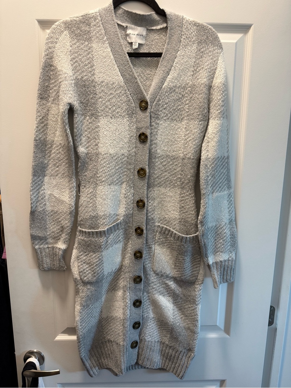 Pink Rose gray and white Long Knit Button-Front Cardigan